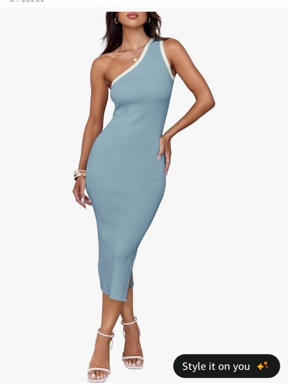 One-Shoulder Ribbed Midi Dress in Light Blue